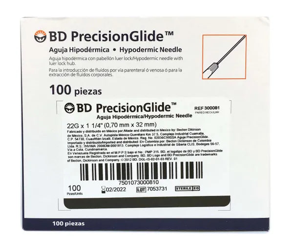 AGUJA HIPODÉRMICA 22G X 32MM BD C/100