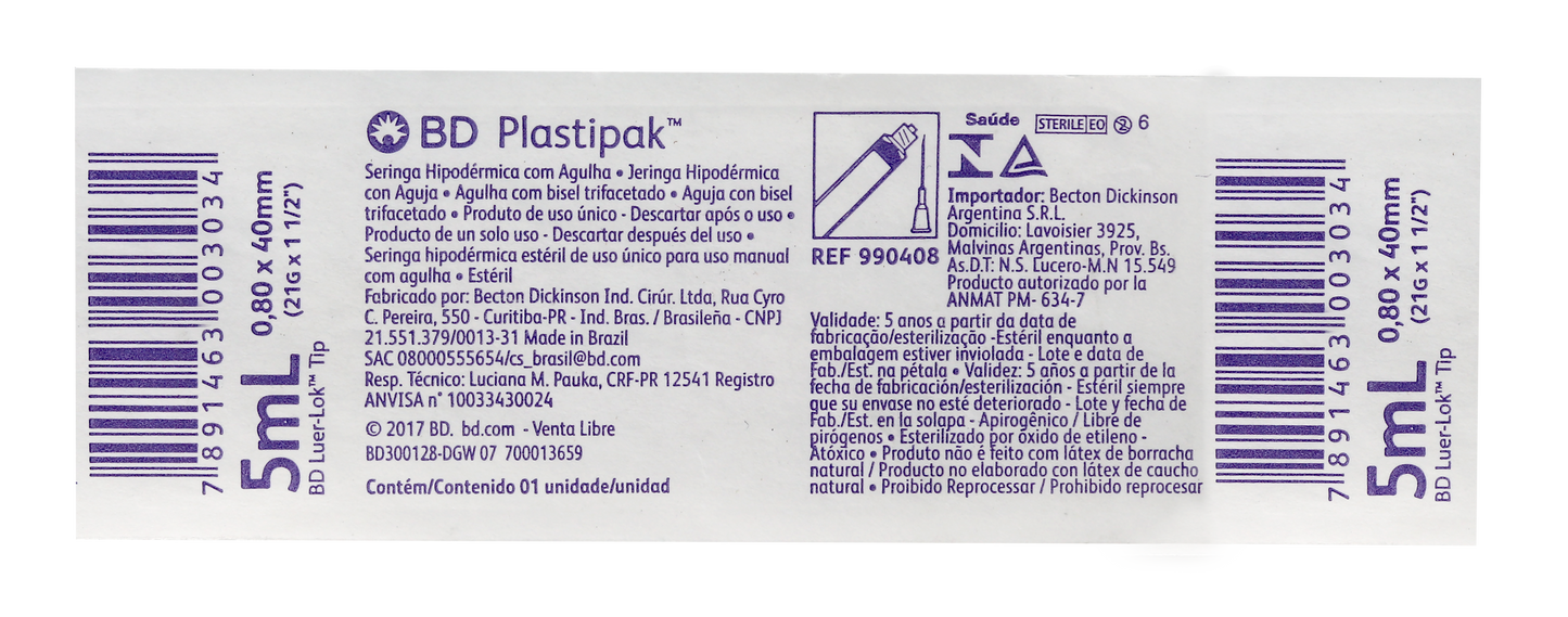 JERINGA 5ML C/AGUJA 21G X 32MM BD C/100